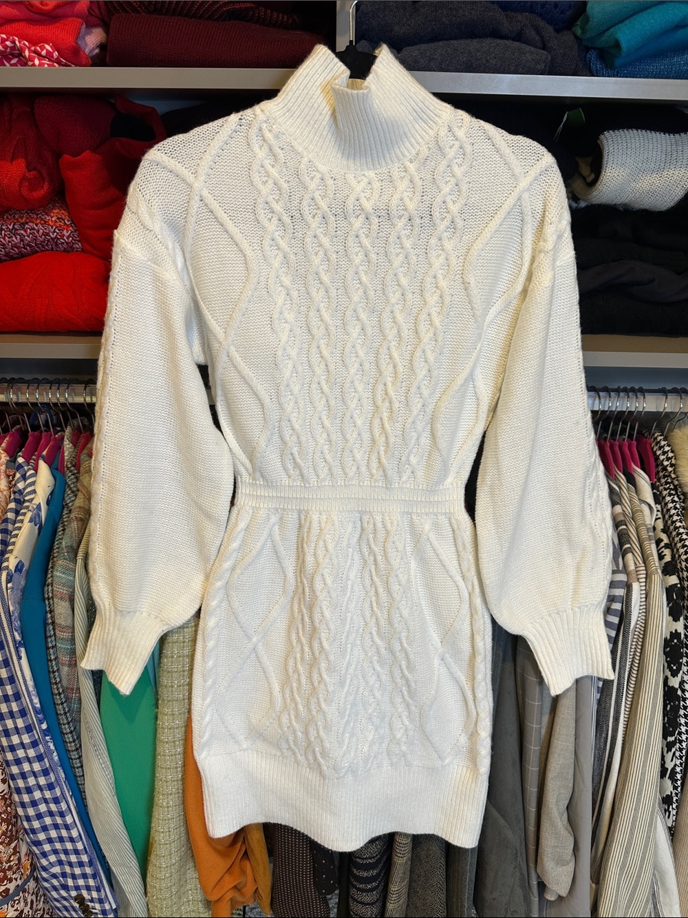 SHEIN white ballon long sleeve elastic waistband mock neck sweater dress size S